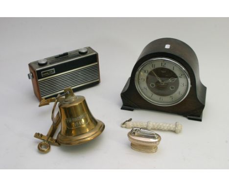 A Roberts Rambler radio, Smiths Enfield mantle clock, brass bell and a Ronson table lighter.