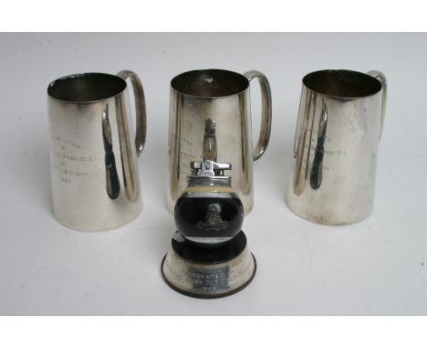 Three silver plated tankards all bearing 1927 92nd Field Brigade inscriptions and a 1945 Royal Artillery lighter