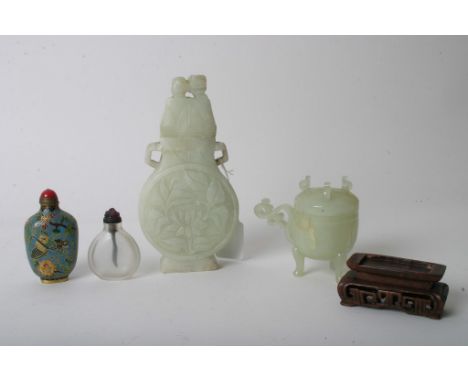 A carved jade type vase and stand, a lidded cup plus a cloisonne scent bottle and one other