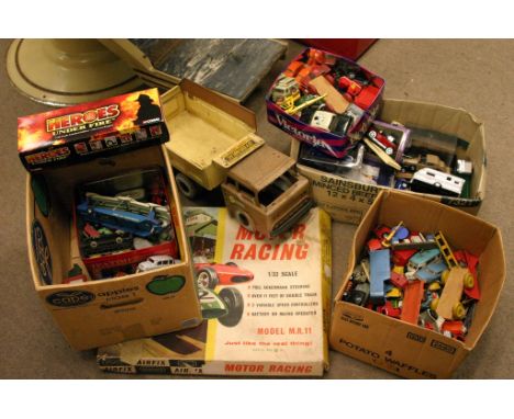Three boxes of play worn model vehicles together with a boxed Airfix motor racing set model MR11 and a Louis Marx tin plate d