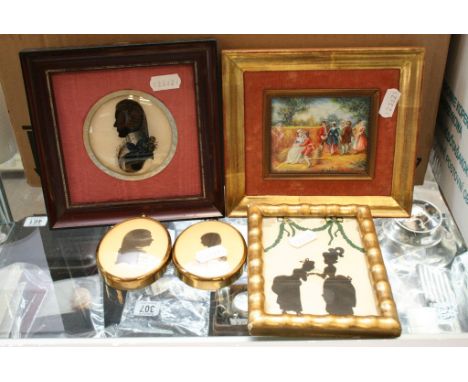 Five framed portrait miniatures including painted and silhouette examples