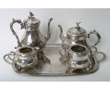 A five piece silver plated tea and coffee service, the teapot and coffee pot having eagle finials to the lids.