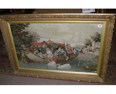A large framed tapestry showing regal figures on a river