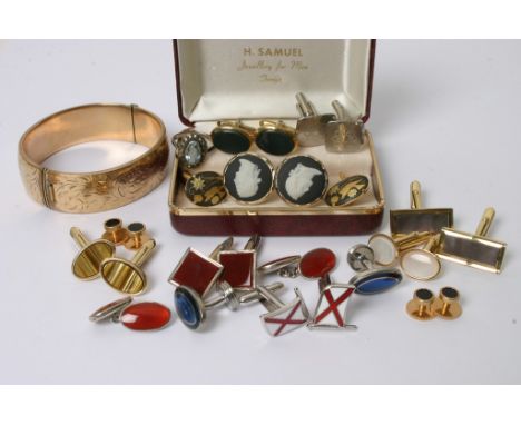 A quantity of silver, enamel and other cuff links a gold filed bangle and other oddments 