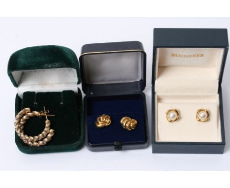 A pair of pearl earrings with one other pair of 18ct gold earrings and a pair of 9ct gold hoop earrings