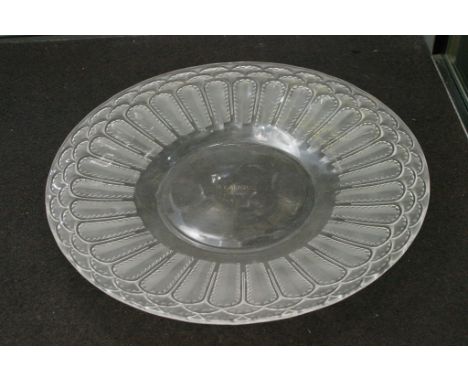 A Lalique glass dish marked R. Lalique France. Having frosted arch feathered decoration.