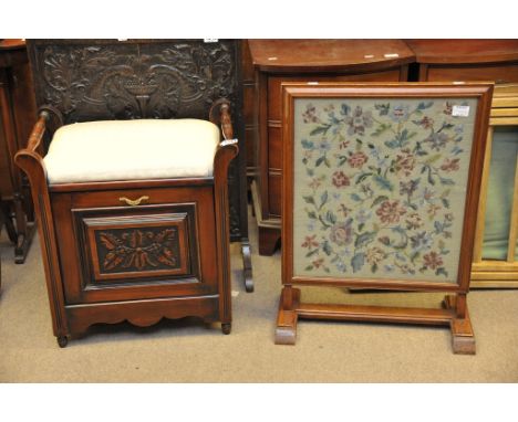 A piano stool and tapestry fire screen 