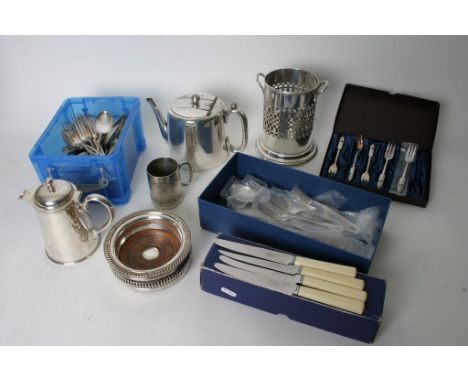 A collection of silver plated items to include a Walker & Hall teapot, loose and boxed cutlery and other items.