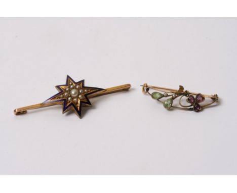 A vintage gold bar brooch inset with pearls and blue enamel and one other bar brooch set with amethyst and peridot 