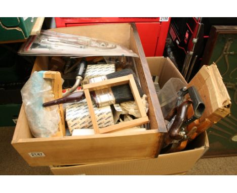 A box containing a collection of wood saws comprising of handsaws, miter saw (saw only) and a box containing a collection of 