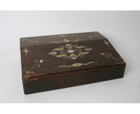 A Rosewood writing box inlaid with brass and mother of pearl decoration.
