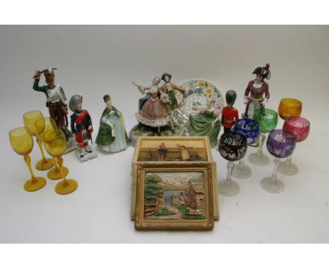 A collection of ceramic soldiers and figures, two Royal Doulton ladies, plaques and glasses