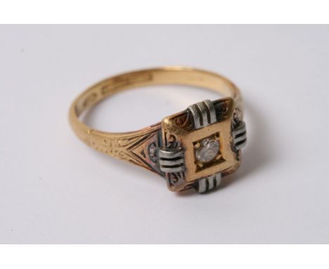 An 18ct gold Art Deco ring with square cut face inset with single diamond