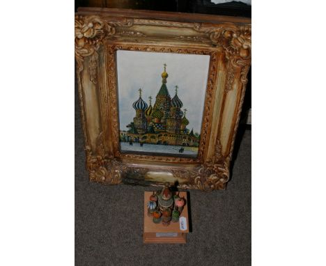 A 20th century framed Russian pen and ink picture of St.Petersburg with a conforming wooden model
