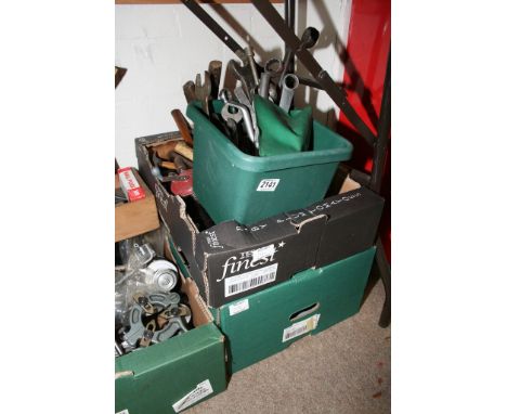 Three boxes containing a collection of hand tools comprising of half inch Brittool socket set, Elora socket set, various scre