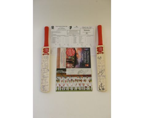 Two Miniature cricket bats from the Australian Ashes tour of 2015, one signed by Australia and one by Essex, together with a 