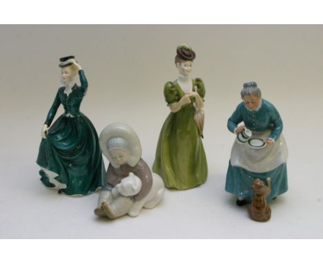Two Staffordshire porcelain figures Francessa bone china, a Doulton figure, The Favourite HN2249 and a lladro figure (4)