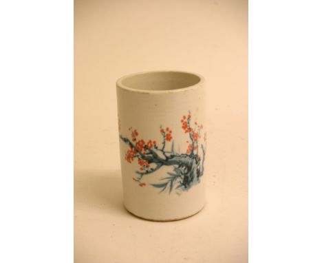 A Chinese ceramic brush pot, signed on body, painted in Zhu Shan, Republic period, Autumn 1919. Base mark 'Jiang Xi porcelain