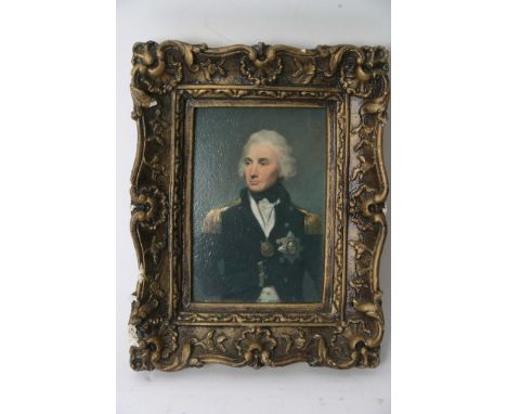 A small oil portrait image of Admiral Nelson presented in an ornate scrolled frame
