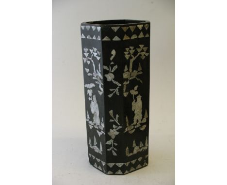 A Chinese vase inlaid with mother of pearl figures, an inlaid plaque and a framed silk panel