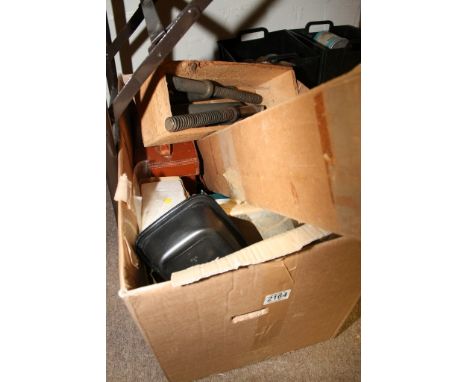 A box containing a selection of tools comprising three multi meters, three lathe chucks, drill bits, allen keys, lathe bed ad
