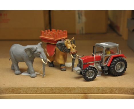 Britains Massey Ferguson 3680 Tractor, plastic elephant from Britains Zoo Series and one other ornate ceremonial dressed Indi