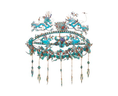 A KINGFISHER FEATHER AND HARDSTONE INSET HEADDRESSQing DynastyThe crescent form copper wire frame surmounted by confronting d