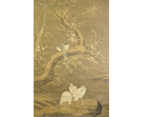 ANONYMOUSBirdsInk and colour on paper, hanging scroll with four cloisonné enamel scroll ends 160cm (63in) high x 104cm (41in)