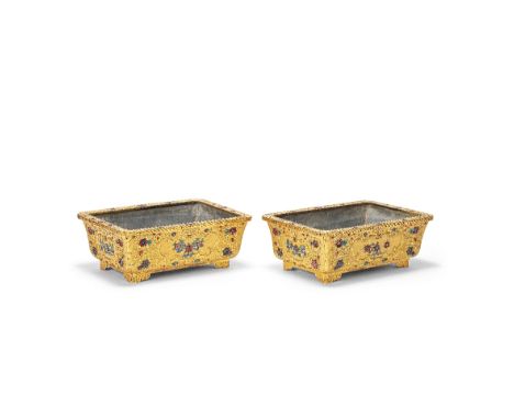 A PAIR OF LARGE PASTE-SET GILT METAL JARDINIERESQianlongOf rectangular form with everted flattened rims and canted corners, r