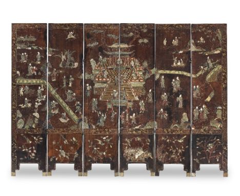 A SIX-PANEL INLAID LACQUER SCREEN19th centuryInlaid in ivory, mother-of-pearl, soapstones and painted lacquer, depicting a sc