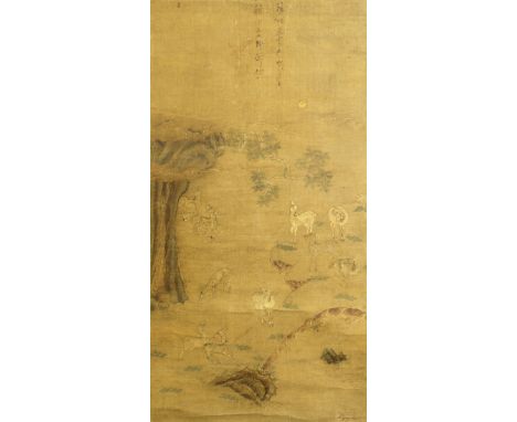 ATTRIBUTED TO A MEMBER OF THE GU FAMILY (17TH CENTURY)Deer in a LandscapeEmbroidery and ink on silk, hanging scroll 84cm (33 