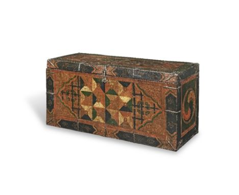 A PAINTED WOOD 'TEXTILE DESIGN' CHESTTibet, circa 16th centuryPainted with colourful squares of geometric patterns, surrounde