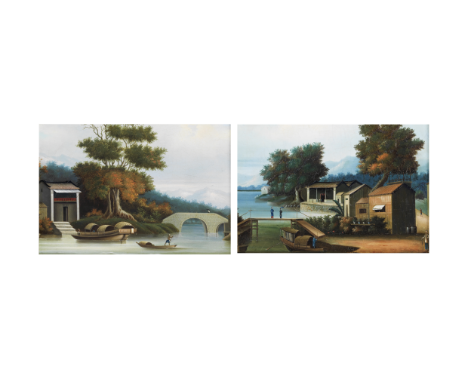 CHINESE SCHOOL (19TH CENTURY)Landscape ViewsOil on canvas, one depicting two figures on a plank bridge, gazing at a cluster o