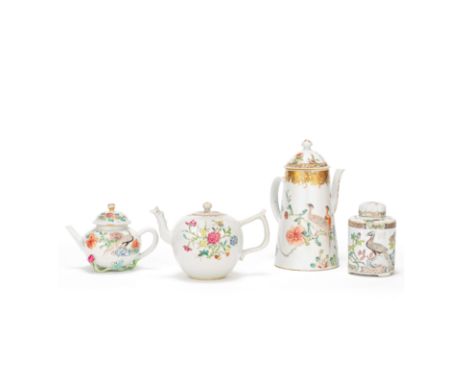 A GROUP OF FOUR FAMILLE ROSE EXPORT WARESYongzheng to QianlongComprising: a chocolate pot and cover, delicately painted with 