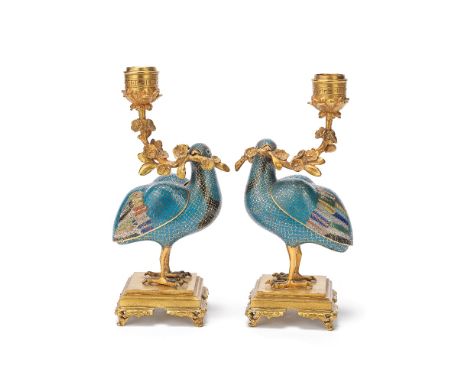 A PAIR OF ORMOLU MOUNTED CLOISONNÉ ENAMEL 'QUAIL' INCENSE BURNERS AND CANDLE HOLDERSThe cloisonné 18th/19th centuryEach bird 