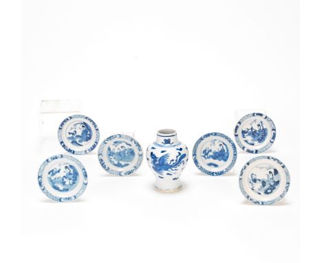 A BLUE AND WHITE 'PHOENIX' VASE AND SIX BLUE AND WHITE SAUCER DISHESChenghua four-character marks, KangxiThe baluster vase de