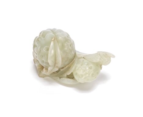 A PALE GREEN JADE 'PARROT AND LYCHEE' GROUP19th centuryCarved with three large lychee fruits issuing from a gnarled leafy bra