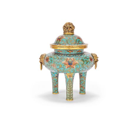 A CLOISONNÉ ENAMEL AND GILT COPPER TRIPOD INCENSE BURNER18th centuryThe body of compressed form, raised on three gently flari