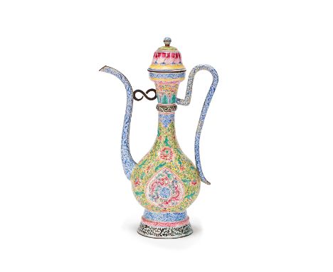 A PAINTED ENAMEL EWER AND COVER18th/19th centuryOf Middle Eastern form, decorated with shaped panels of opposing dragons arou