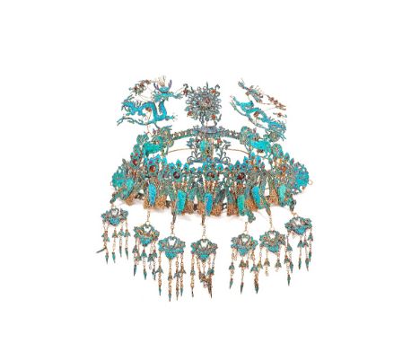 A KINGFISHER FEATHER AND HARDSTONE INSET HEADDRESSQing DynastyThe crescent form copper wire frame mounted with seven large ph