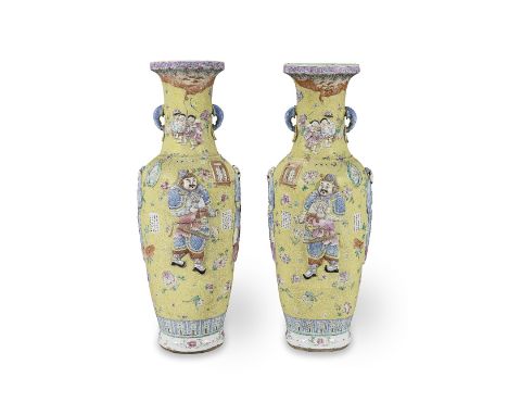 A RARE AND EXTREMELY LARGE PAIR OF MOULDED FAMILLE ROSE 'WU SHUANG PU' VASESLate Qing DynastyEach vase of baluster form and d