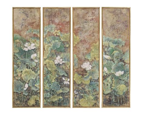 CAI XIAOLI (1956-)Lotus FlowersMixed media on paper, four framed worksEach panel 227cm (89 3/8in) high x 59cm (23 1/4in) wide