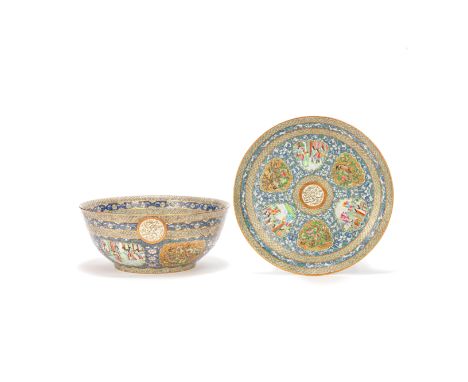 A FAMILLE ROSE PUNCH BOWL AND CHARGER FROM THE SERVICE OF SULTAN MAS'UD MIRZA ZILLCirca 1879-80Each decorated in a Canton fam