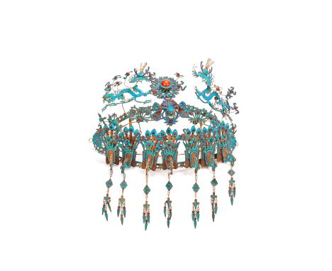A KINGFISHER FEATHER AND HARDSTONE INSET HEADDRESSQing DynastyThe crescent form copper wire frame elaborately modelled in ope
