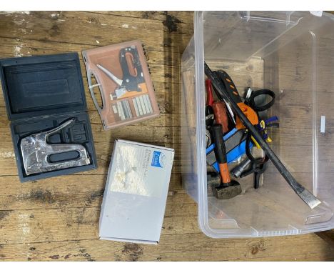 A box of mixed tools including staple gun. Shipping unavailable 