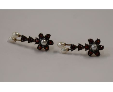 Pair of pearl &amp; garnet drop earrings