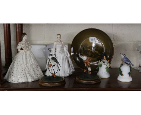 2 Royal Worcester figurines, 2 Worcester birds, 2 bird bells and Ridgway's plate depicting St Anne's Well Malvern