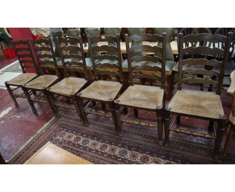 Set of six early ash and elm rush seated ladder back dining chairs