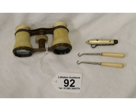 Opera glasses &amp; 3 button hooks - Possibly ivory or bone