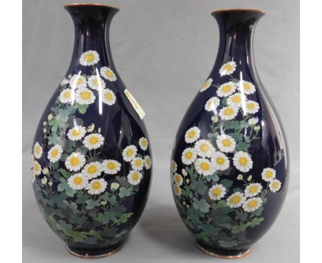 2 Cloisonné Vasen Japan alt. Margeriten.30,5 cm hoch. Ein Paar. Margeriten auf dunkelblauem Grund. Wohl Japan Meiji Periode, 